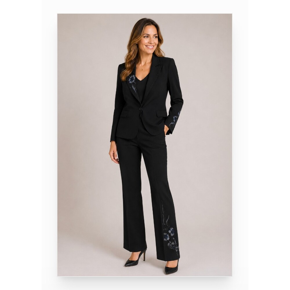 Cache Pant Suit Set Womens 4 Black Floral Beaded 2 Piece Jacket Pants